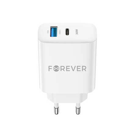 Forever Network Charger TC-07-30AC, 30W, 3A, 1 x USB-A - 1 x USB-C, Blanco