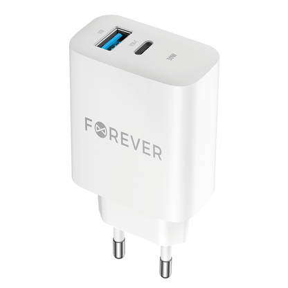 Forever Network Charger TC-07-30AC, 30W, 3A, 1 x USB-A - 1 x USB-C, Blanco