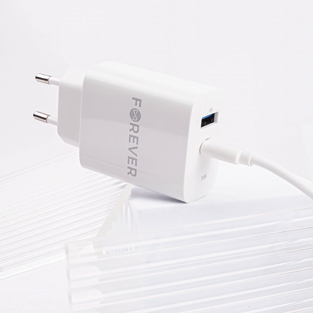 Forever Network Charger TC-07-30AC, 30W, 3A, 1 x USB-A - 1 x USB-C, Blanco