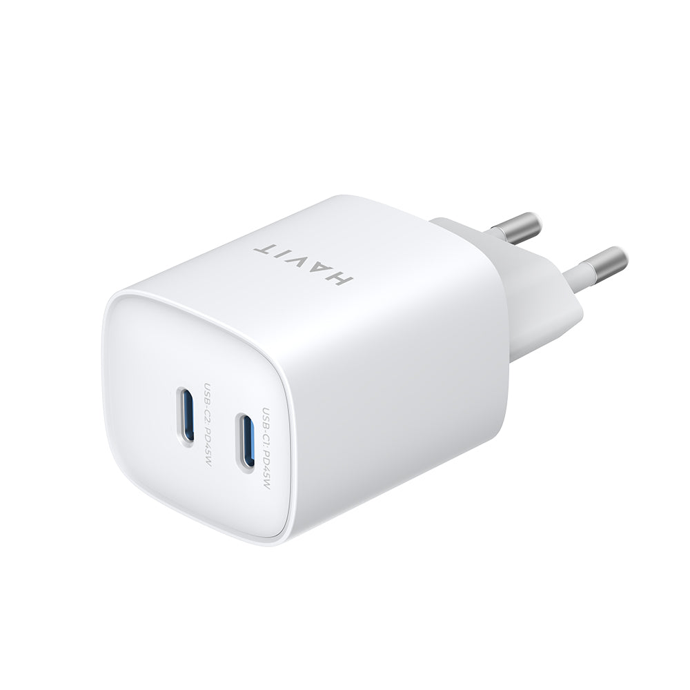 Cargador de Red HAVIT UC45W, 45W, 3A, 2 x USB-C, Blanco