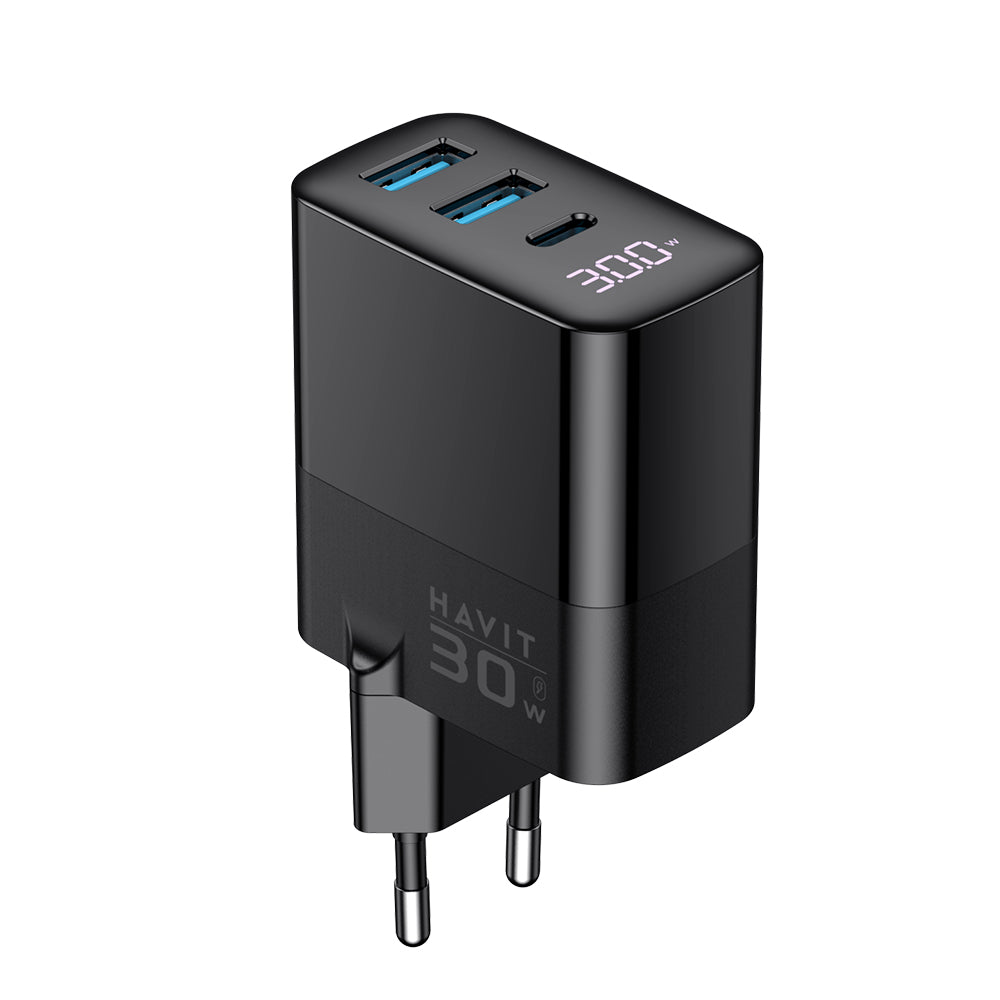 Cargador de Red HAVIT UCLE001, 30W, 3A, 2 x USB-A - 1 x USB-C, Negro