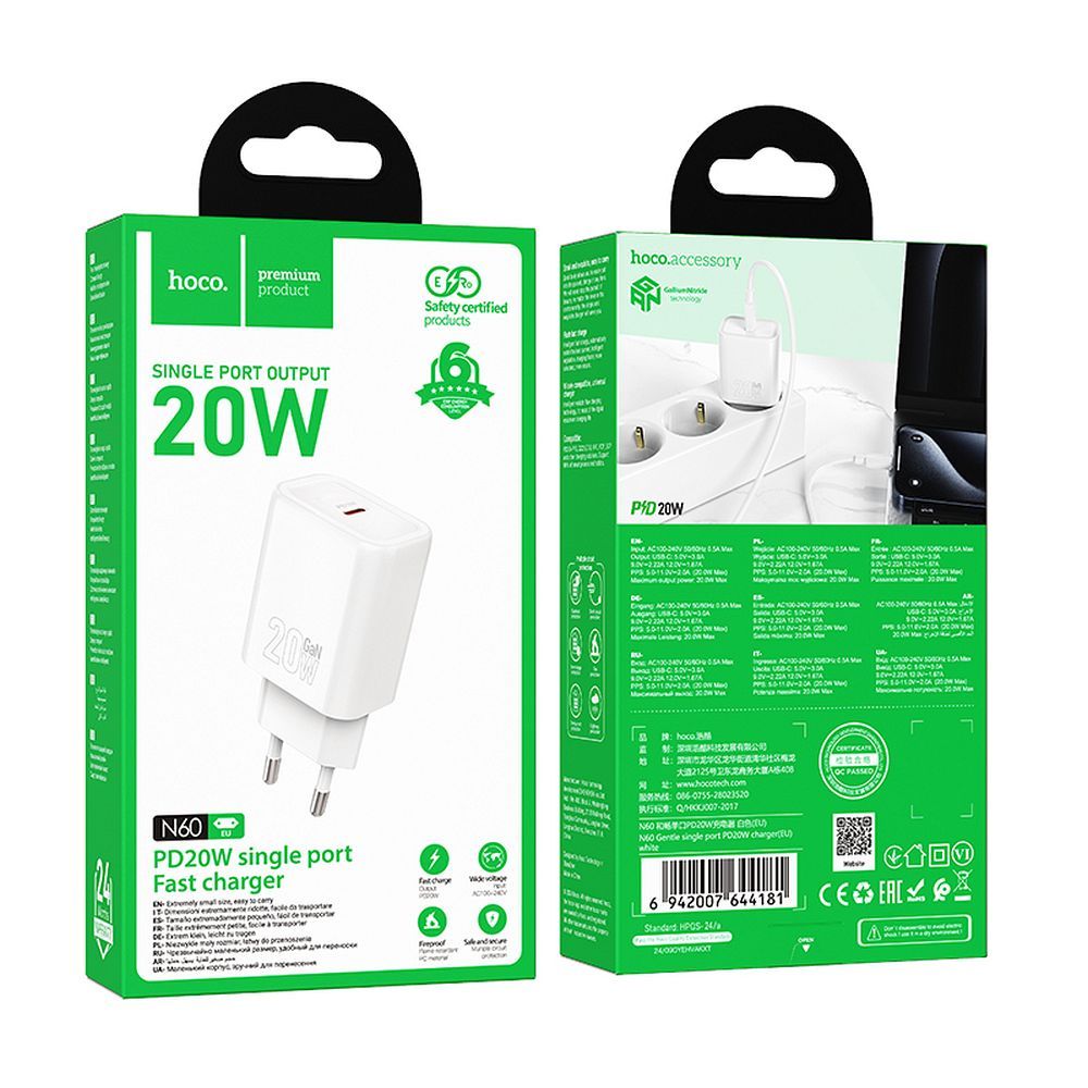 Cargador de Red HOCO N60, 20W, 3A, 1 x USB-C, Blanco