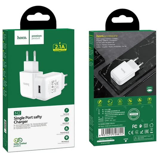 Cargador de Red HOCO N2, 10W, 2A, 1 x USB-A, Blanco