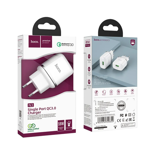 Cargador de Red HOCO N3, 18W, 3A, 1 x USB-A, Blanco