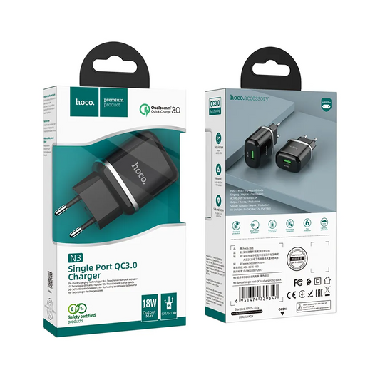 Cargador de Red HOCO N3, 18W, 3A, 1 x USB-A, Negro