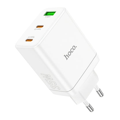 Cargador de red HOCO N33, 35W, 3A, 1 x USB-A - 2 x USB-C, Blanco 