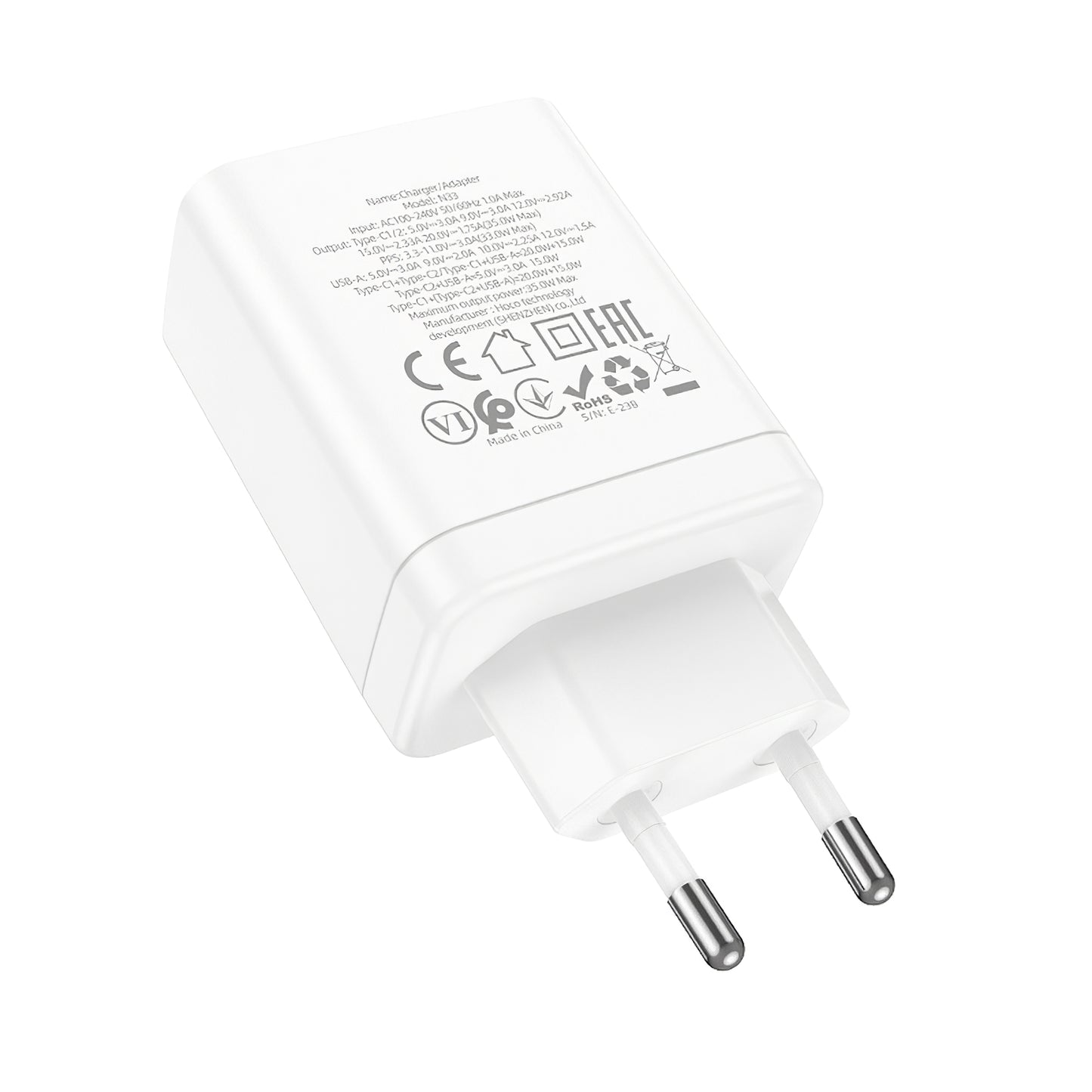 Cargador de red HOCO N33, 35W, 3A, 1 x USB-A - 2 x USB-C, Blanco 