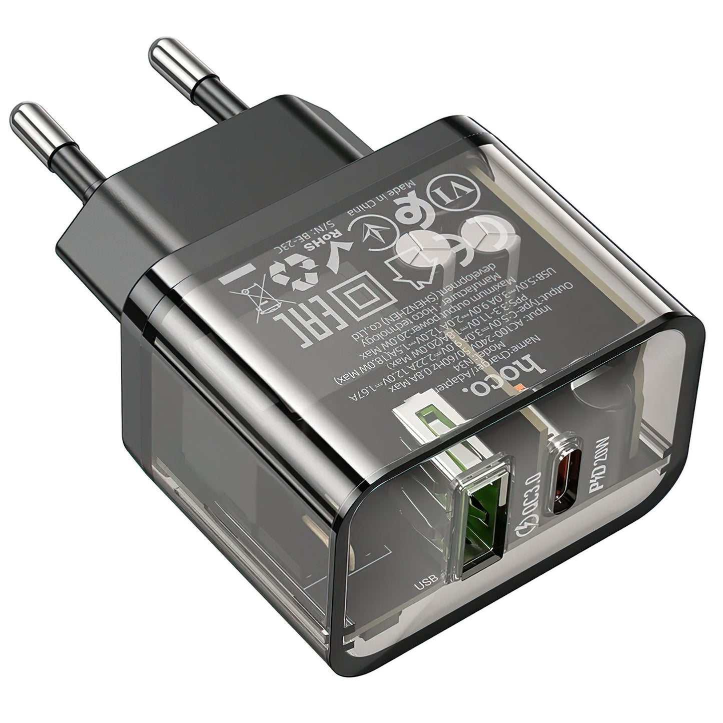 Cargador de Red HOCO N34, 20W, 3A, 1 x USB-A - 1 x USB-C, Transparente
