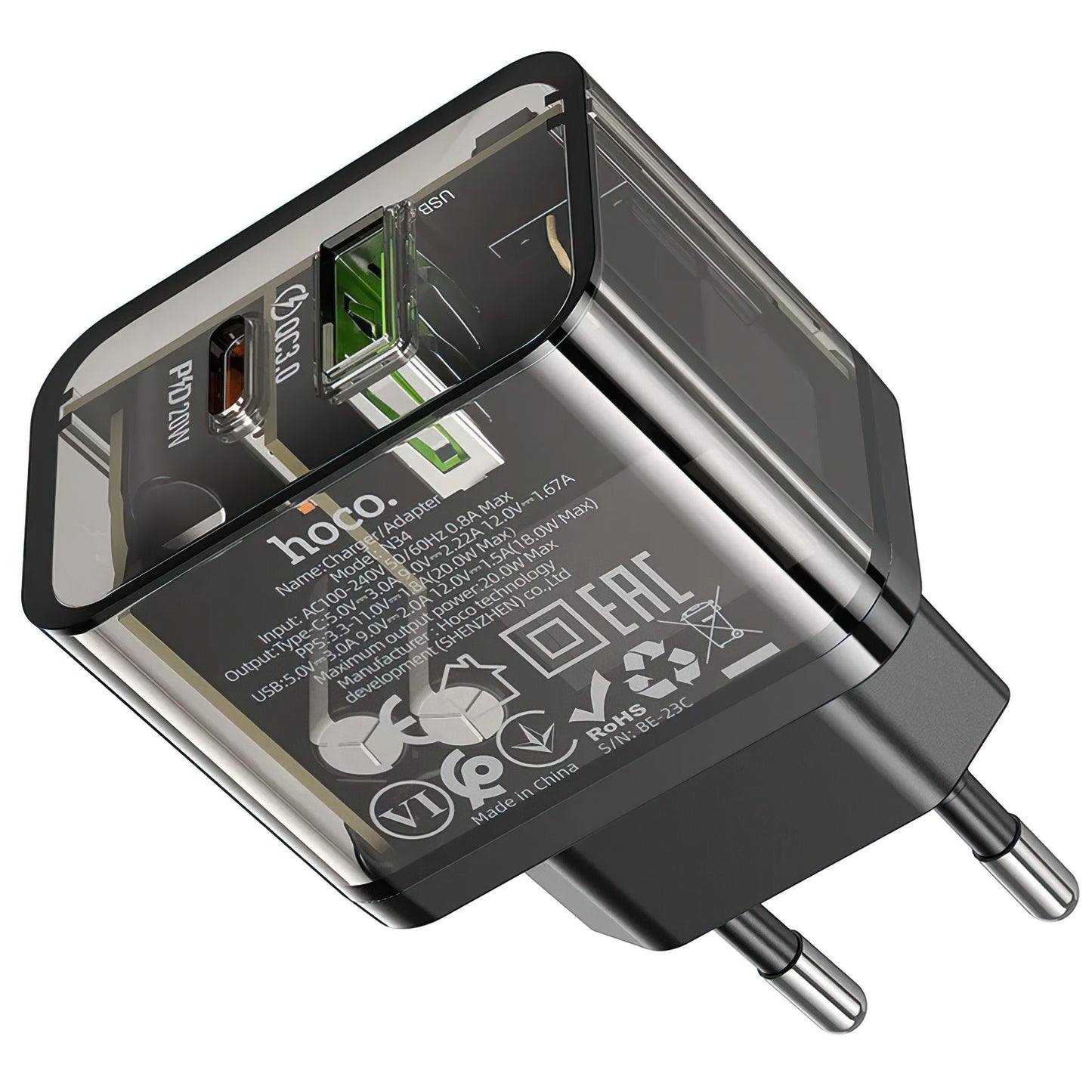 Cargador de Red HOCO N34, 20W, 3A, 1 x USB-A - 1 x USB-C, Transparente