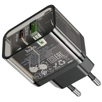 Cargador de Red HOCO N34, 20W, 3A, 1 x USB-A - 1 x USB-C, Transparente