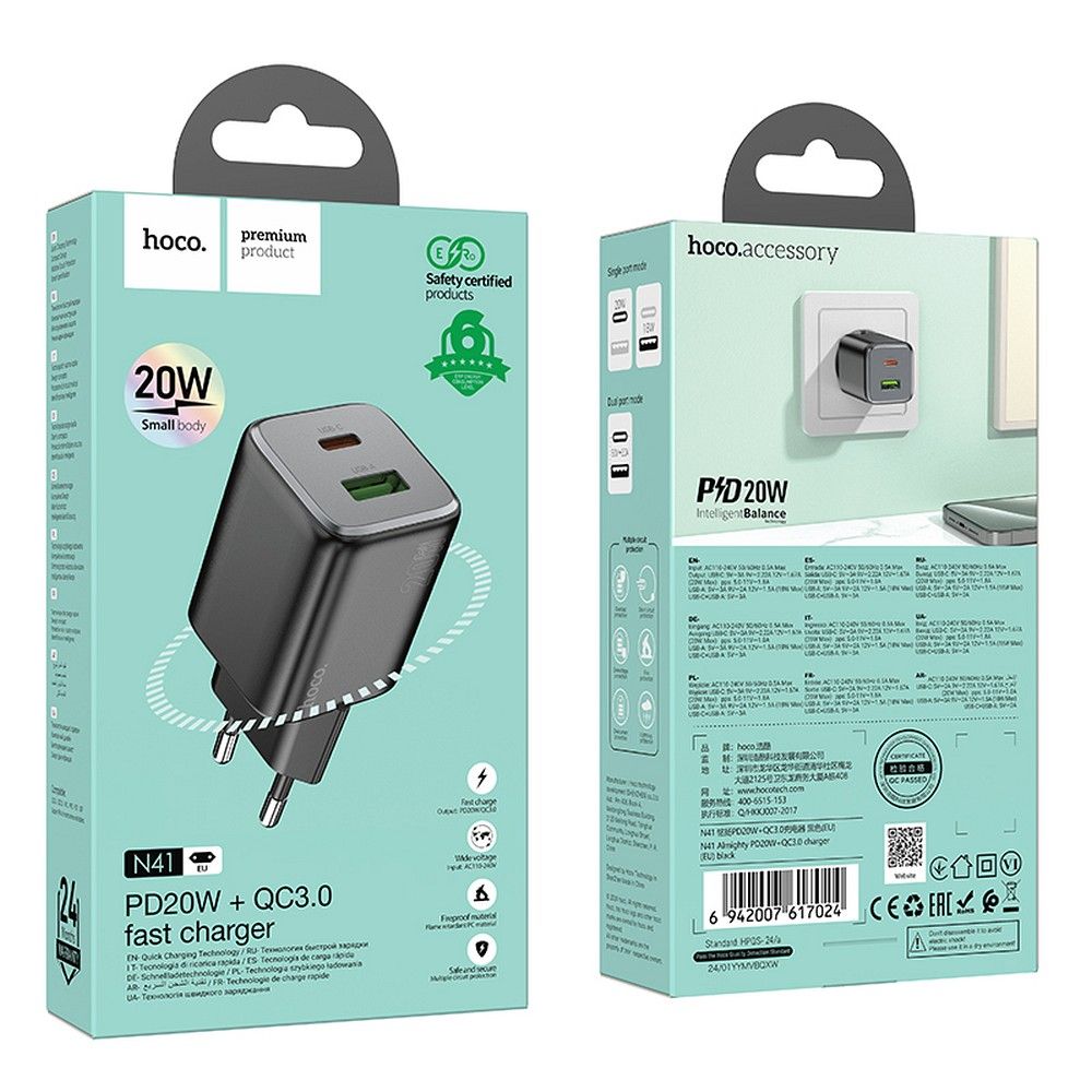 Cargador de Red HOCO N41, 20W, 3A, 1 x USB-A - 1 x USB-C, Negro