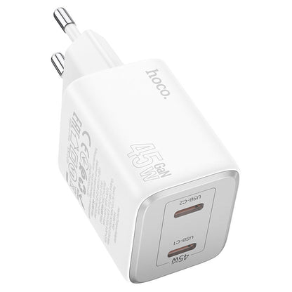 Cargador de red HOCO N42, 45W, 3A, 2 x USB-C, Blanco 