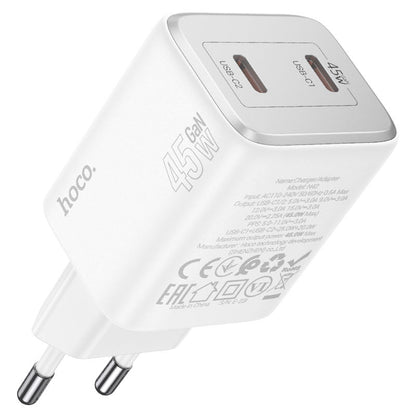 Cargador de red HOCO N42, 45W, 3A, 2 x USB-C, Blanco 