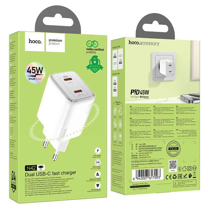 Cargador de red HOCO N42, 45W, 3A, 2 x USB-C, Blanco 