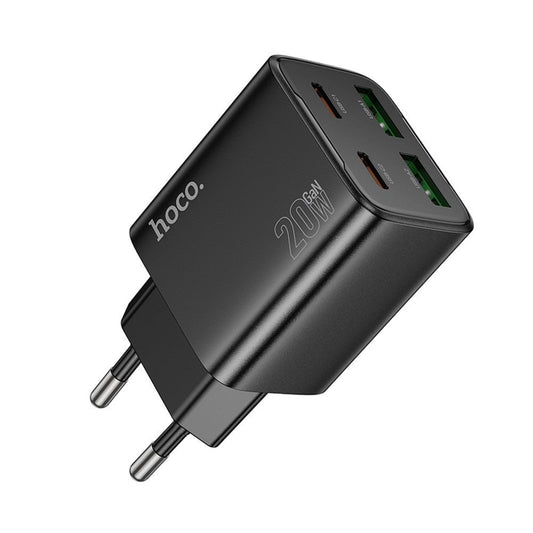 Cargador de Red HOCO N55, 20W, 3A, 2 x USB-A - 2 x USB-C, Negro