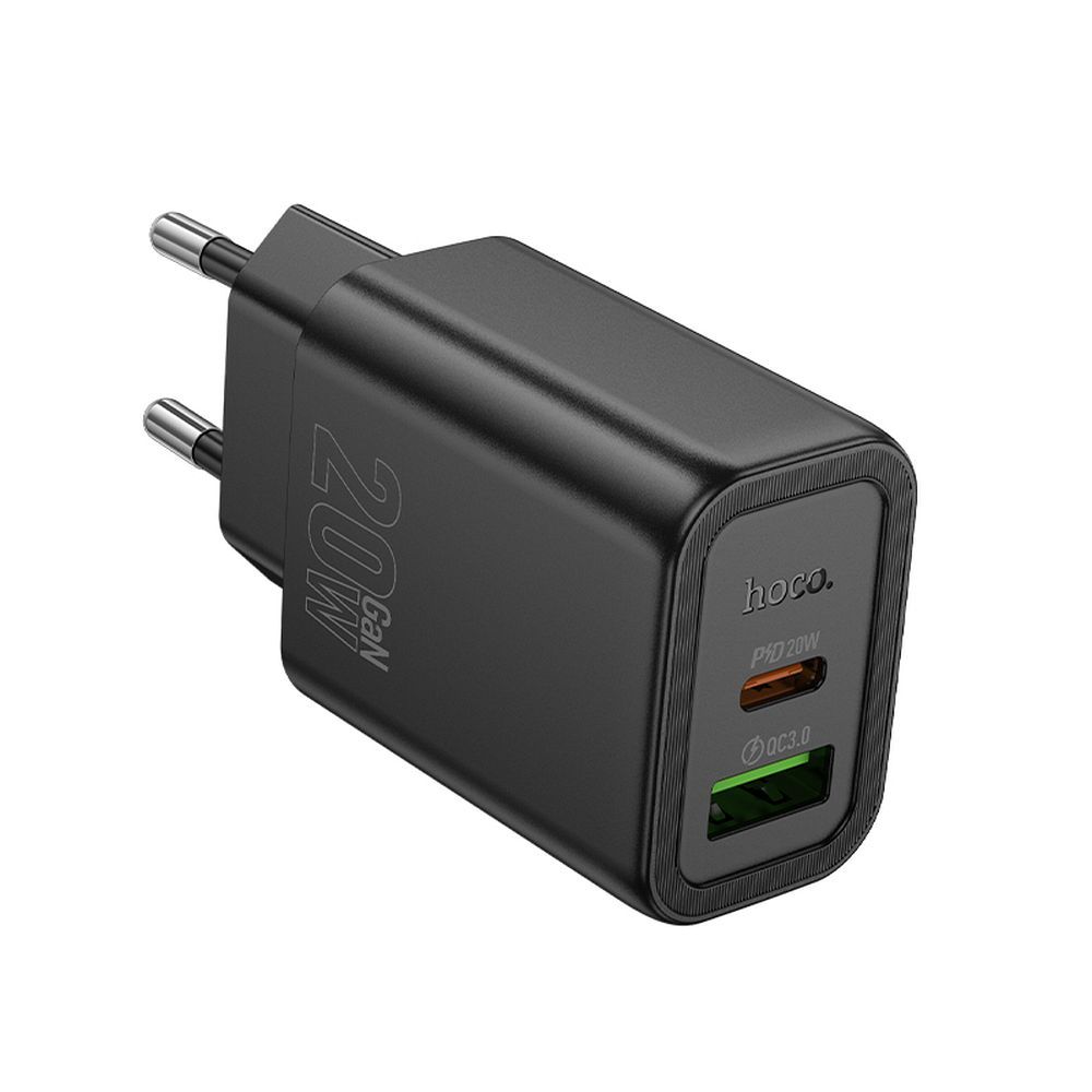 Cargador de Red HOCO N61, 20W, 3A, 1 x USB-A - 1 x USB-C, Negro