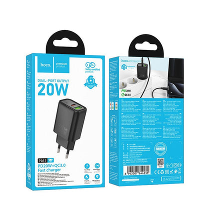 Cargador de Red HOCO N61, 20W, 3A, 1 x USB-A - 1 x USB-C, Negro