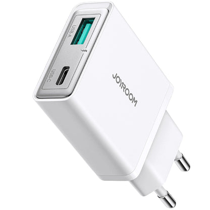 Cargador de red Joyroom JR-TCF14, 20W, 3A, 1 x USB-A - 1 x USB-C, Blanco 