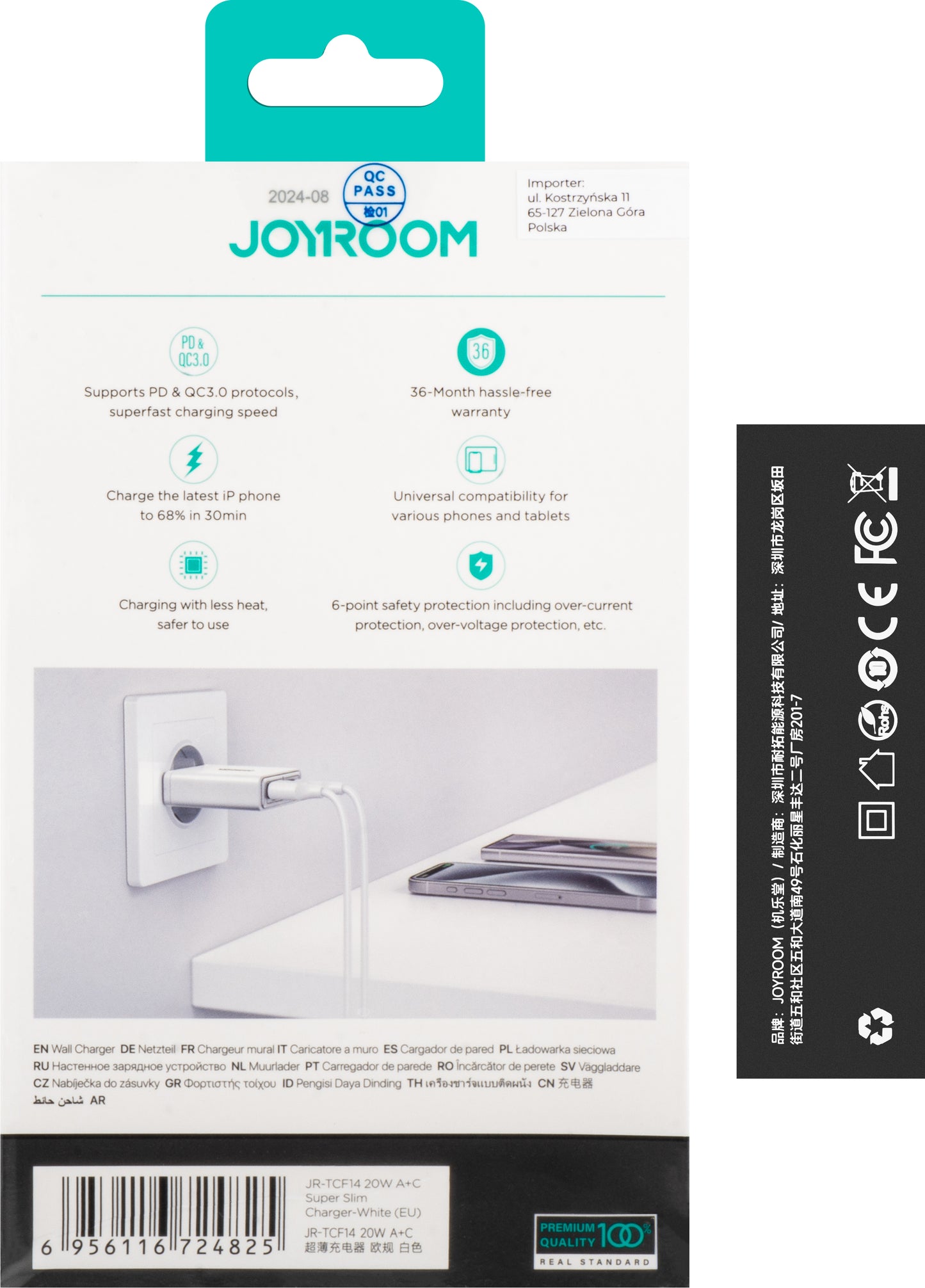 Cargador de red Joyroom JR-TCF14, 20W, 3A, 1 x USB-A - 1 x USB-C, Blanco 