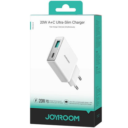 Cargador de red Joyroom JR-TCF14, 20W, 3A, 1 x USB-A - 1 x USB-C, Blanco 