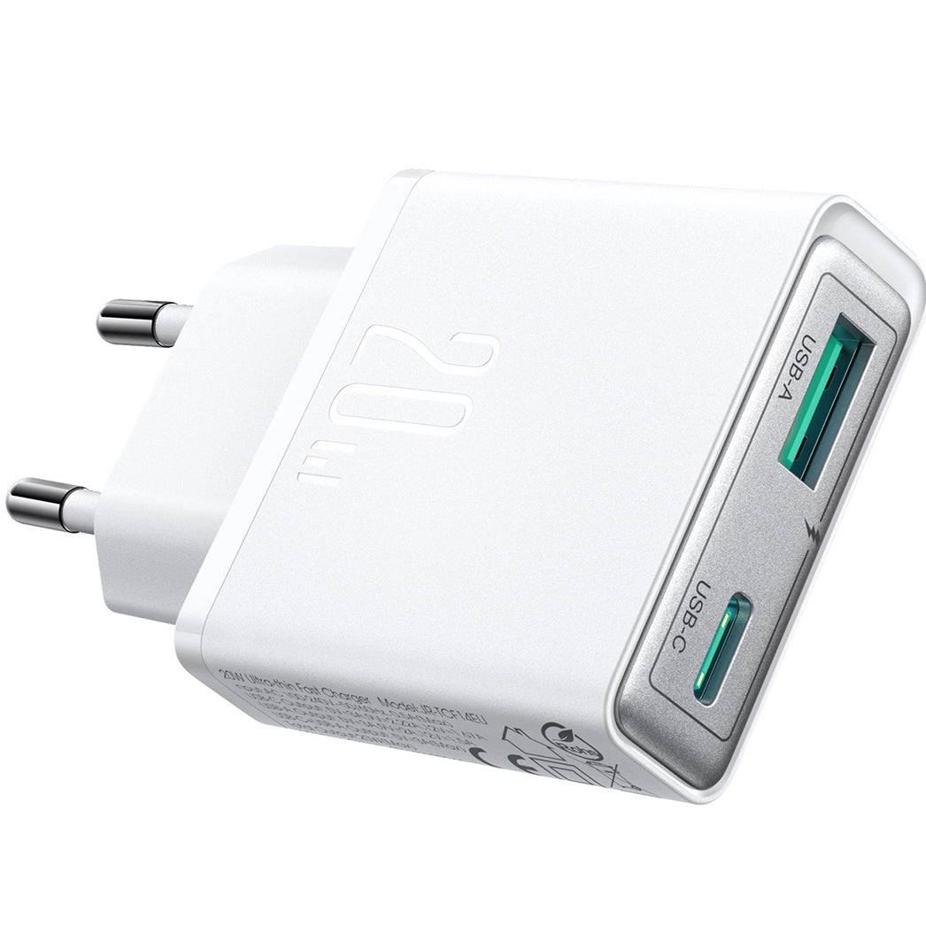 Cargador de red Joyroom JR-TCF14, 20W, 3A, 1 x USB-A - 1 x USB-C, Blanco 