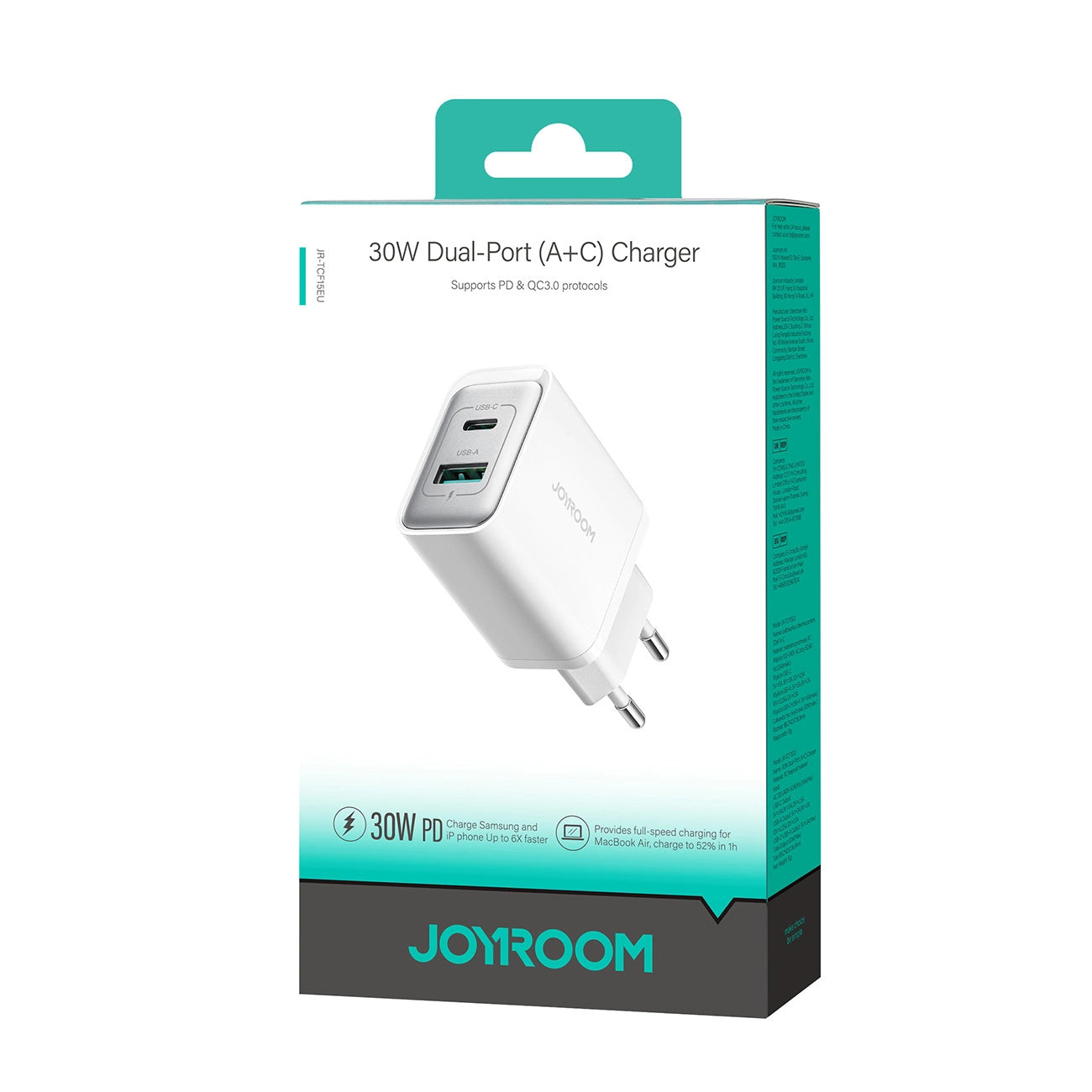 Cargador de Red Joyroom JR-TCF15, 30W, 5A, 1 x USB-A - 1 x USB-C, Blanco