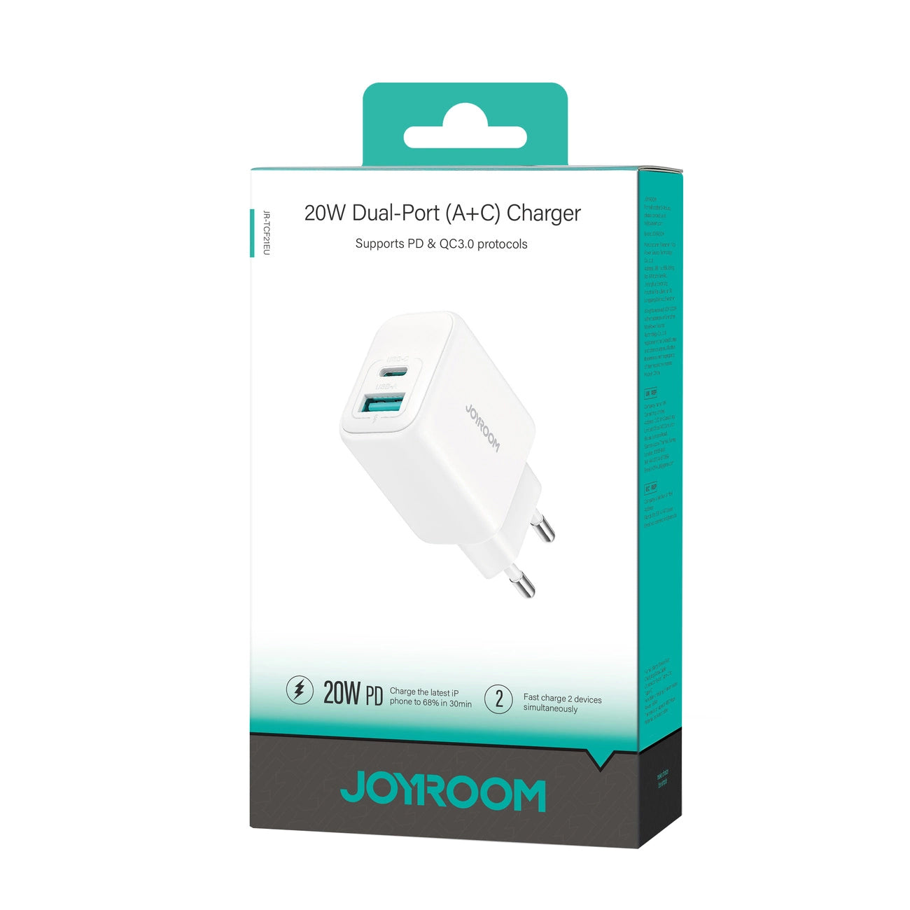 Cargador de Red Joyroom JR-TCF21, 20W, 3A, 1 x USB-A - 1 x USB-C, Blanco