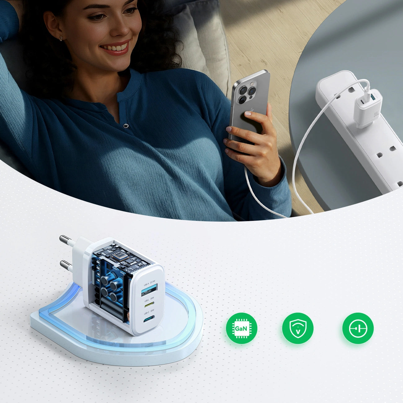 Cargador de Red Joyroom JR-TG6, 30W, 3A, 1 x Lightning - 1 x USB-A - 1 x USB-C, Blanco