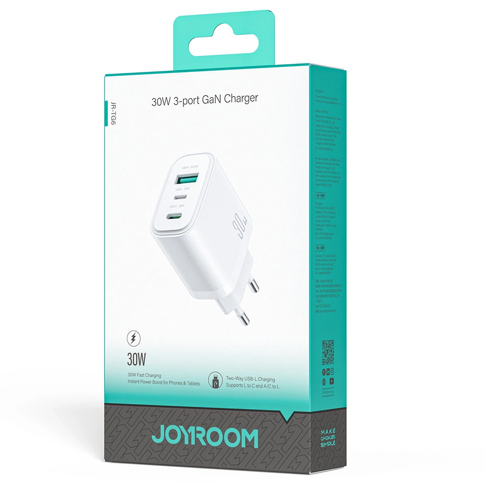 Cargador de Red Joyroom JR-TG6, 30W, 3A, 1 x Lightning - 1 x USB-A - 1 x USB-C, Blanco