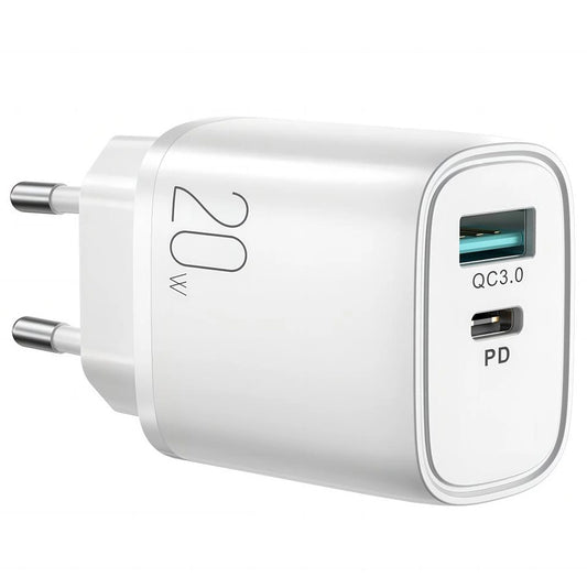 Joyroom L-QP2011 Cargador de red, 20W, 3A, 1 x USB-A - 1 x USB-C, Blanco 