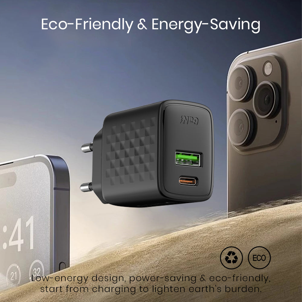 Lito LC15 Network Charger, 20W, 3A, 1 x USB-A - 1 x USB-C, Black