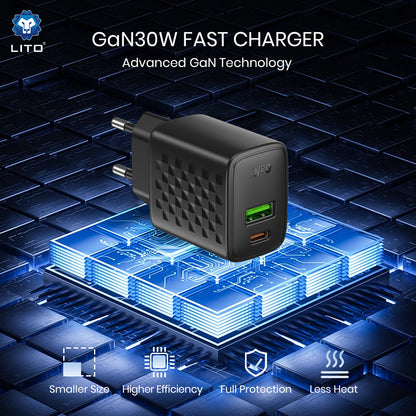 Lito LC19 Network Charger, 30W, 3A, 1 x USB-A - 1 x USB-C, Black