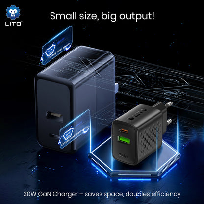 Lito LC19 Network Charger, 30W, 3A, 1 x USB-A - 1 x USB-C, Black