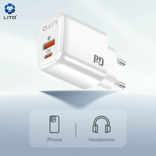 Cargador de Red Lito LC28, 20W, 3A, 1 x USB-A - 1 x USB-C, Blanco