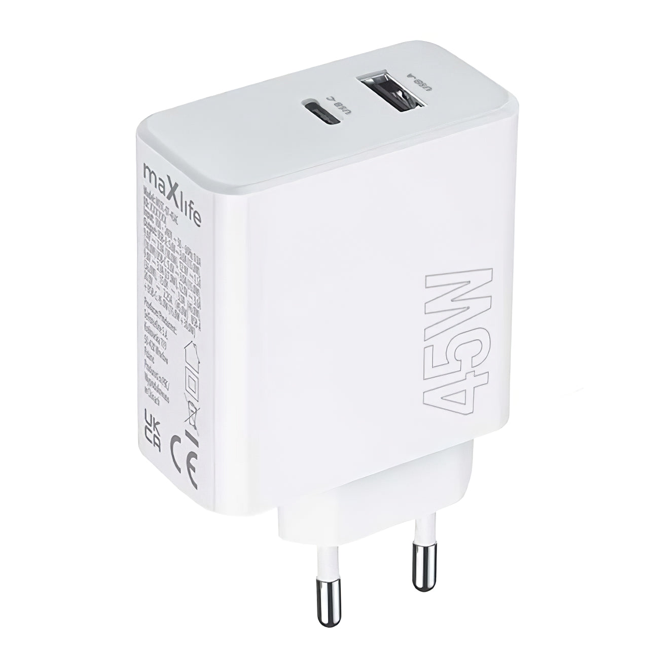 Cargador de red MaXlife MXTC-07-45AC, 45W, 3A, 1 x USB-A - 1 x USB-C, Blanco