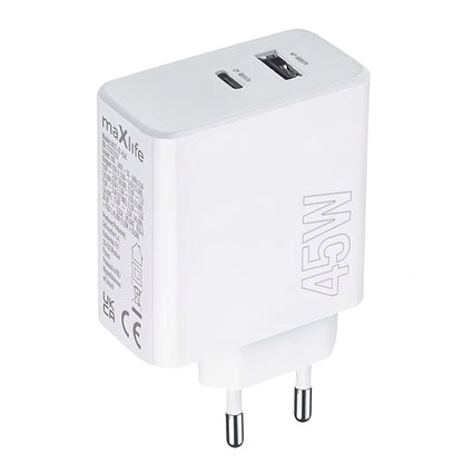 Cargador de red MaXlife MXTC-07-45AC, 45W, 3A, 1 x USB-A - 1 x USB-C, Blanco