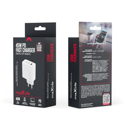 Cargador de red MaXlife MXTC-07-45ACC, 45W, 3A, 1 x USB-A - 2 x USB-C, Blanco 