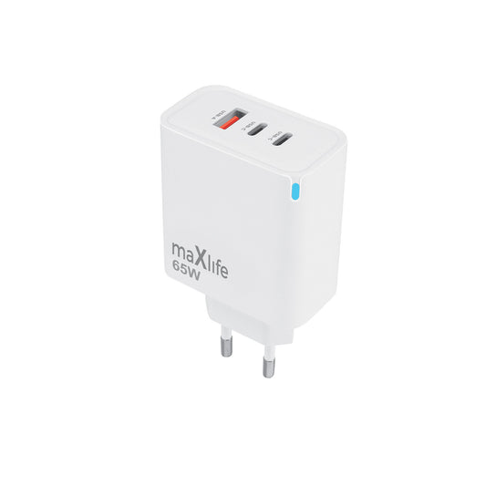 Cargador de Red MaXlife MXTC-09-65ACC, 65W, 3.25A, 1 x USB-A - 2 x USB-C, Blanco