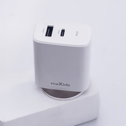 Cargador de red MaXlife MXTC-10-30AC, 30W, 3A, 1 x USB-A - 1 x USB-C, Blanco 