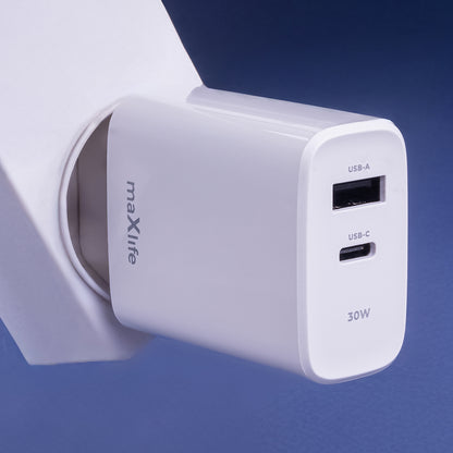 Cargador de red MaXlife MXTC-10-30AC, 30W, 3A, 1 x USB-A - 1 x USB-C, Blanco 