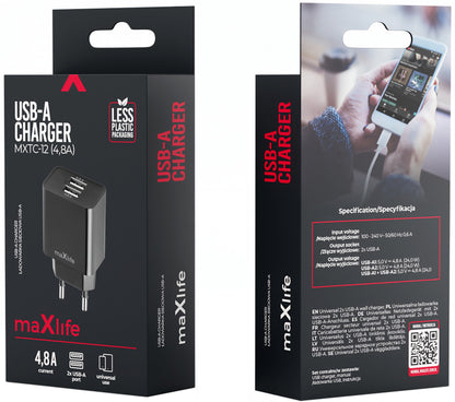 Cargador de Red MaXlife MXTC-12, 24W, 2.4A, 2 x USB-A, Negro