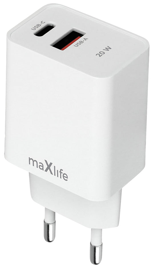 Cargador de Red MaXlife MXTC-13-20AC, 20W, 3A, 1 x USB-A - 1 x USB-C, Blanco