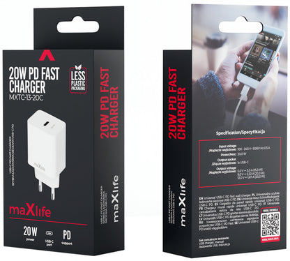 MaXlife MXTC-13-20C Network Charger, 20W, 3A, 1 x USB-C, White