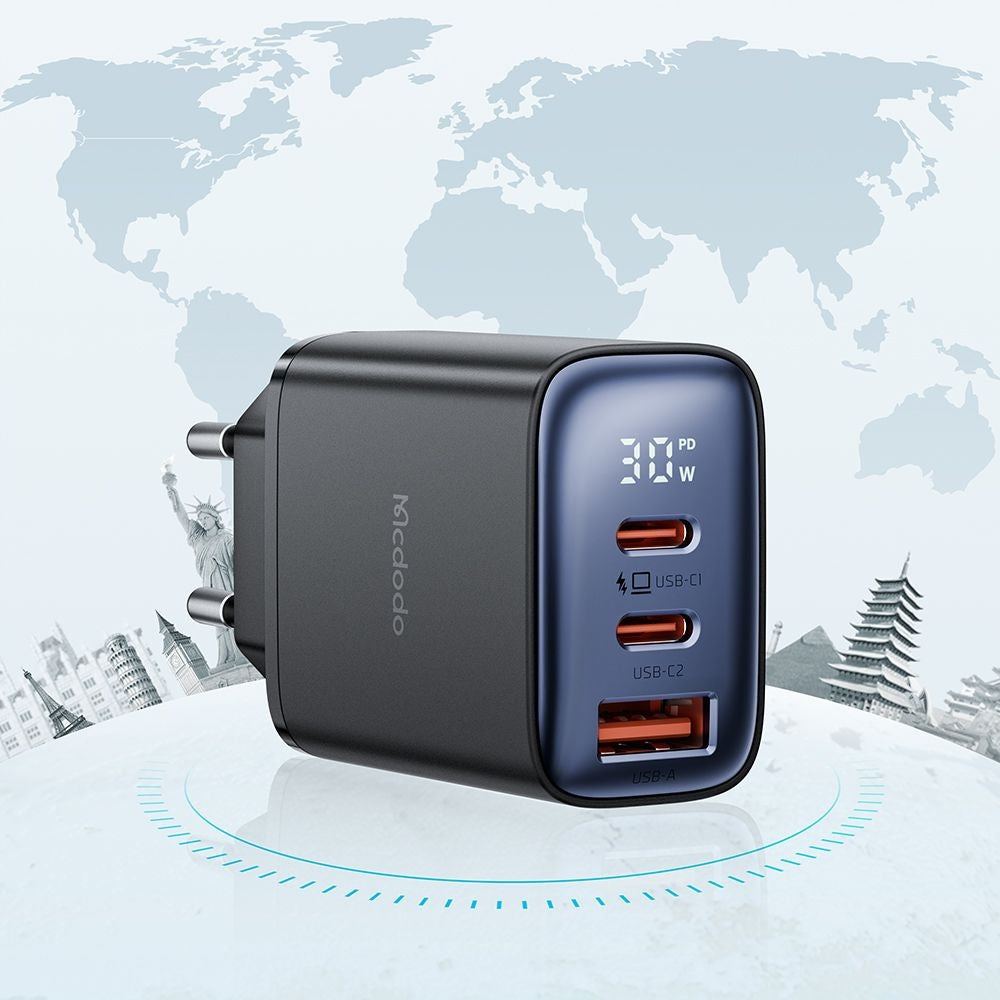 McDodo CH-2180 Network Charger Display, 30W, 3A, 1 x USB-A - 2 x USB-C, Black