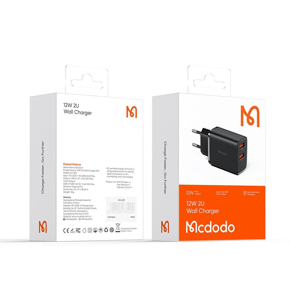 Cargador de Red McDodo CH-5070 Beryllium, 12W, 2.4A, 2 x USB-A, Negro