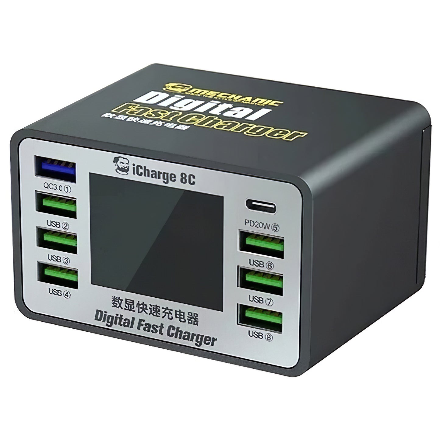 Cargador Estación Mechanic 8C con Pantalla, 50W, 3A, 7 x USB-A - 1 x USB-C, Negro