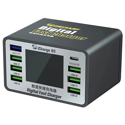 Cargador Estación Mechanic 8C con Pantalla, 50W, 3A, 7 x USB-A - 1 x USB-C, Negro