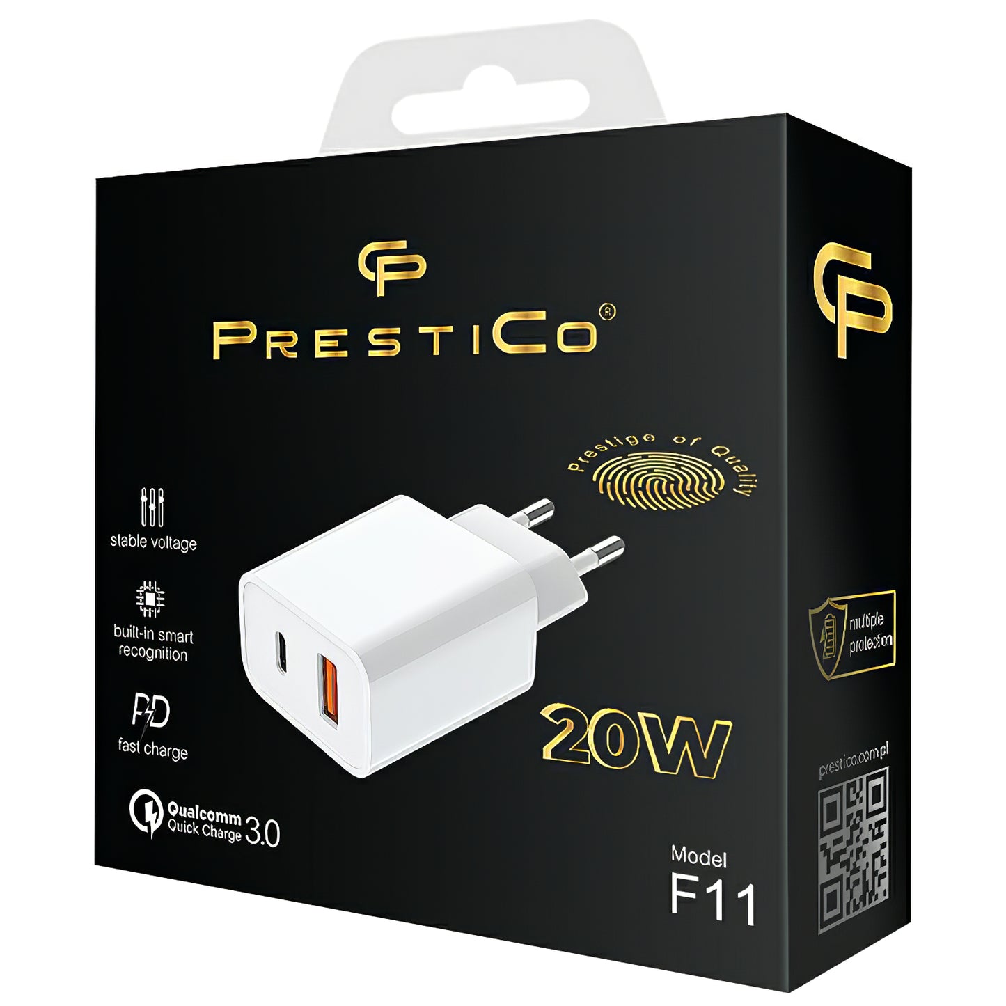 Cargador de red Prestico F11, 20W, 3A, 1 x USB-A - 1 x USB-C, Blanco 