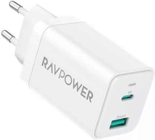 Cargador de Red RavPower RP-PC171, 45W, 3A, 1 x USB-A - 1 x USB-C, Blanco