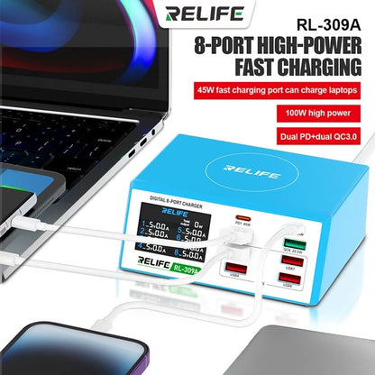 Cargador de red Relife RL-309A, 100 W, 4,5 A, 2 x USB-C - 6 x USB-A, Azul 